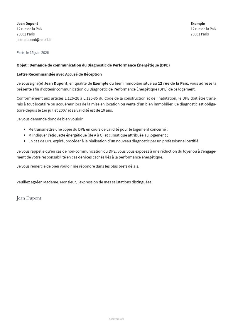 Aperçu Lettre de demande de diagnostic de performance énergétique (DPE)