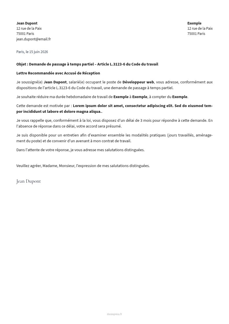 Aperçu Lettre de demande de passage à temps partiel