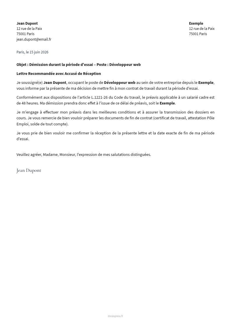 Aperçu Lettre de démission en période d'essai (cadre)