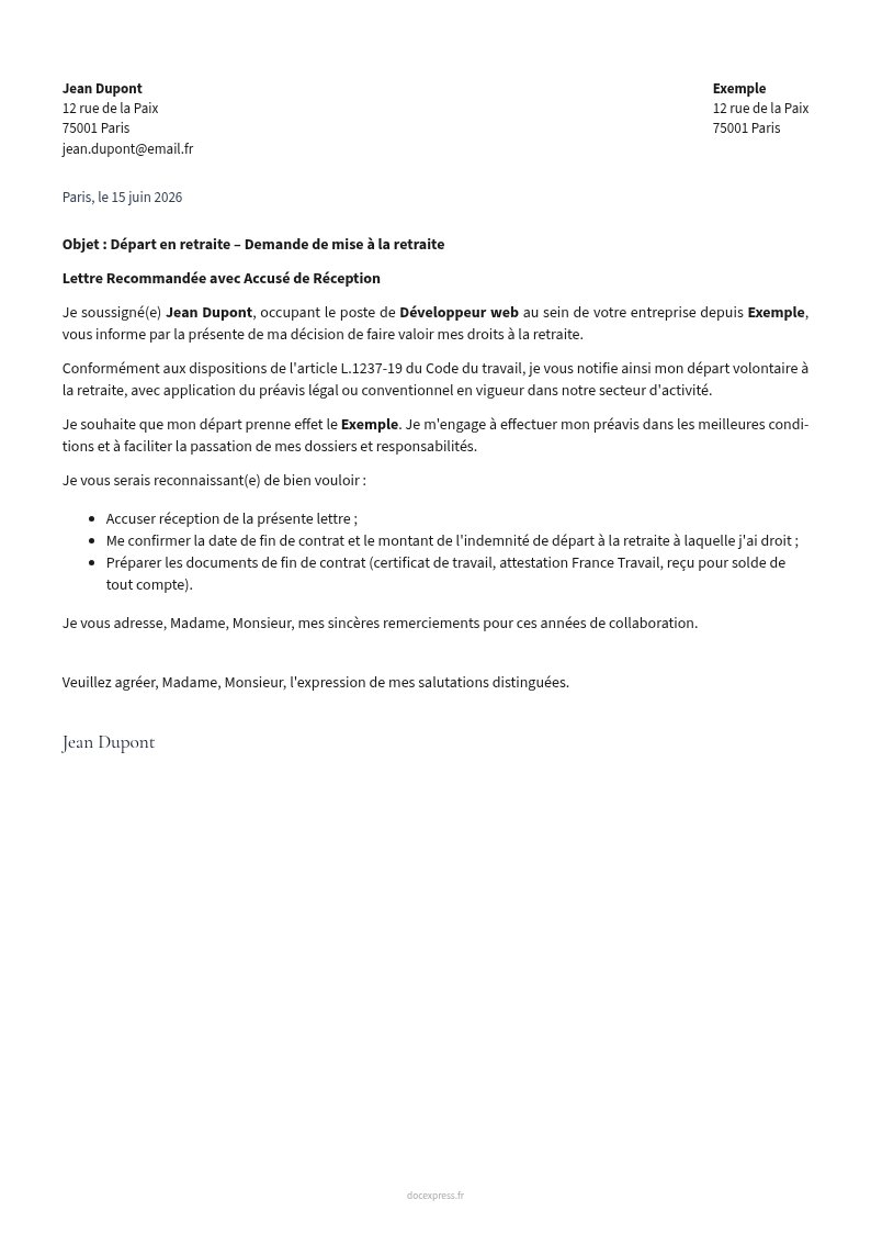 Aperçu Lettre de démission pour départ en retraite