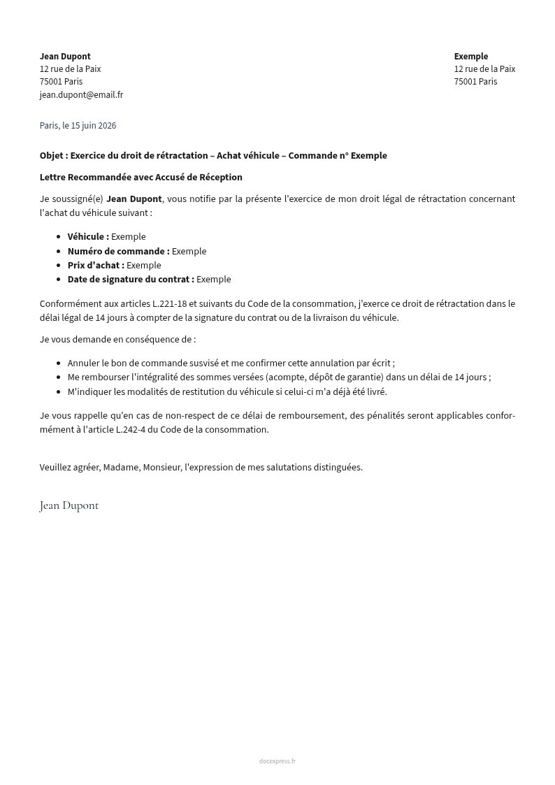 Aperçu Lettre de rétractation achat de voiture