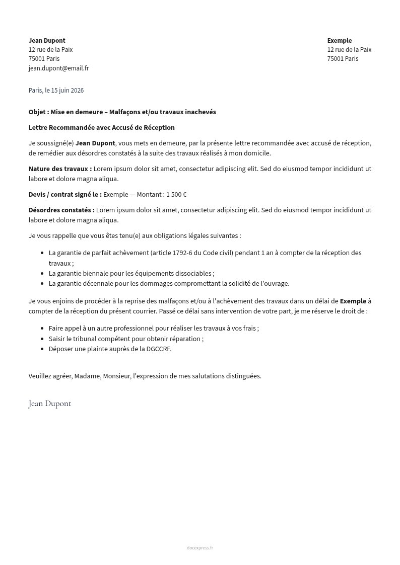 Aperçu Lettre de mise en demeure d'artisan