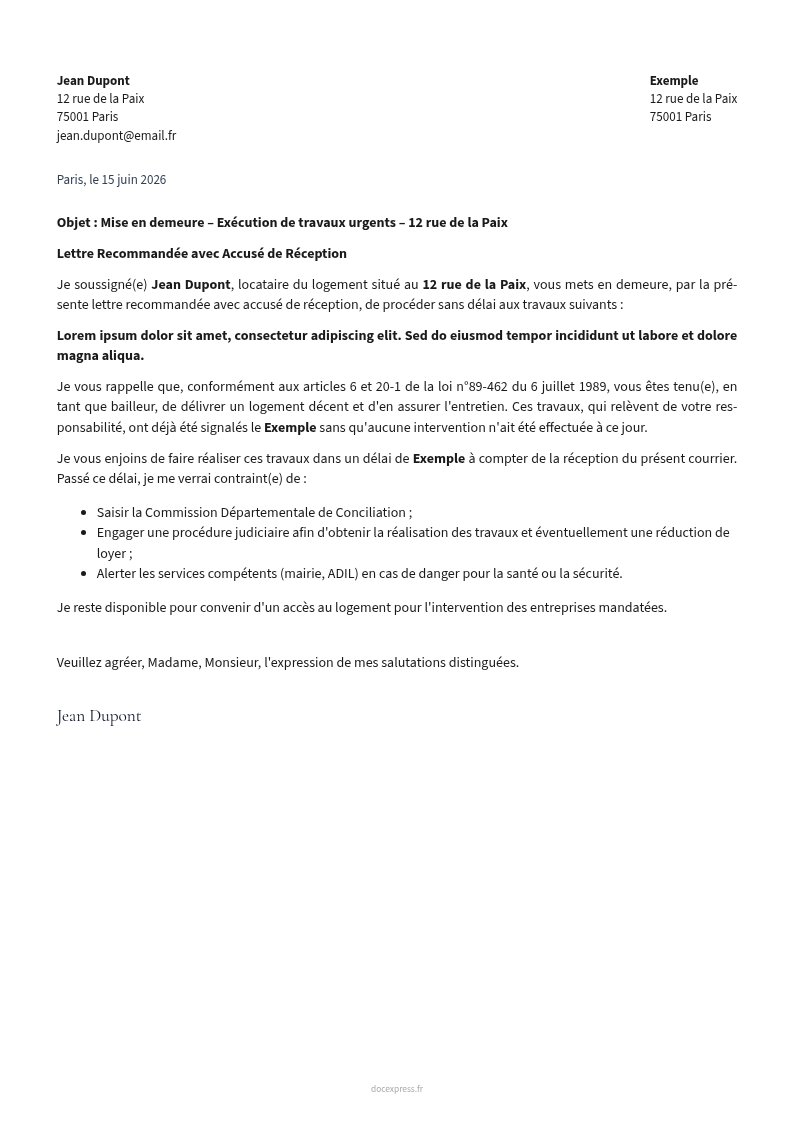 Aperçu Lettre de mise en demeure pour travaux urgents