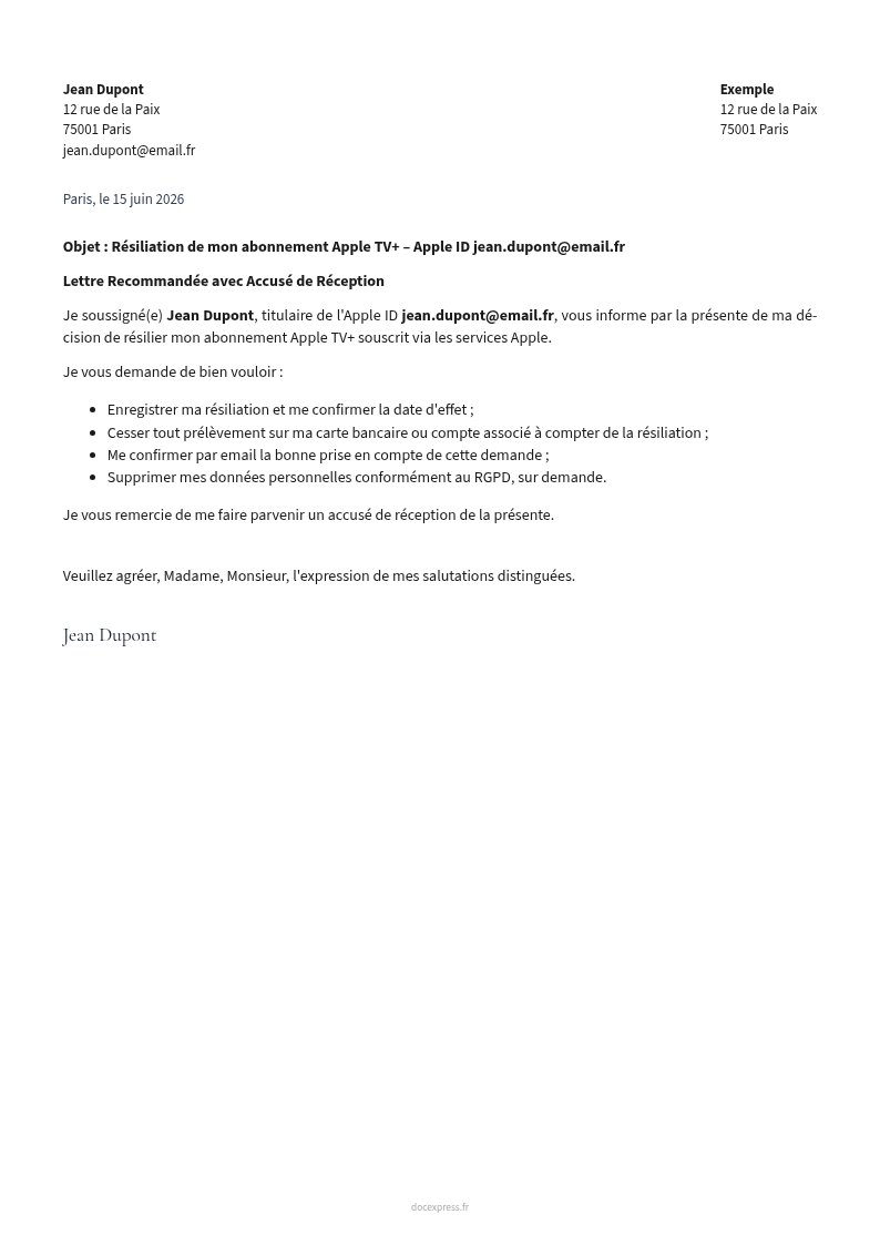 Aperçu Lettre de résiliation Apple TV+