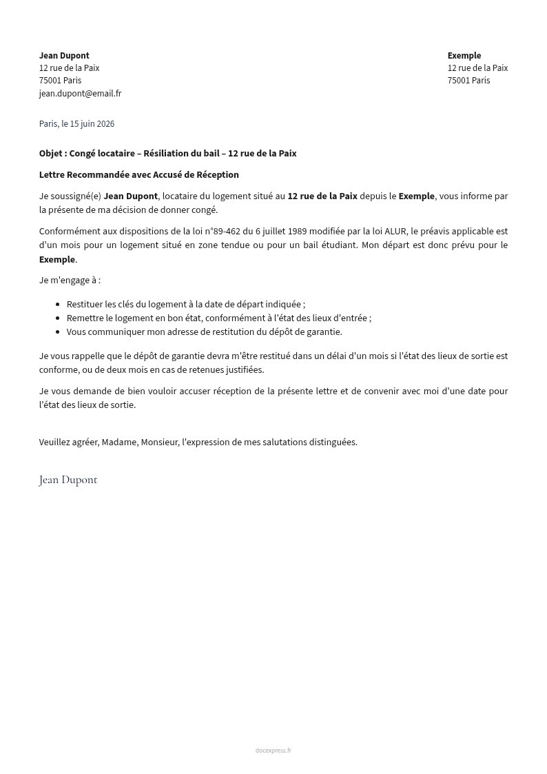 Aperçu Lettre de résiliation de bail étudiant