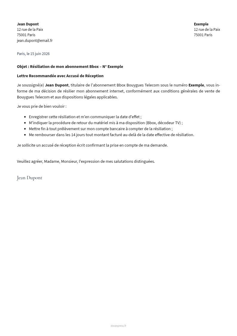Aperçu Lettre de résiliation Bouygues Box