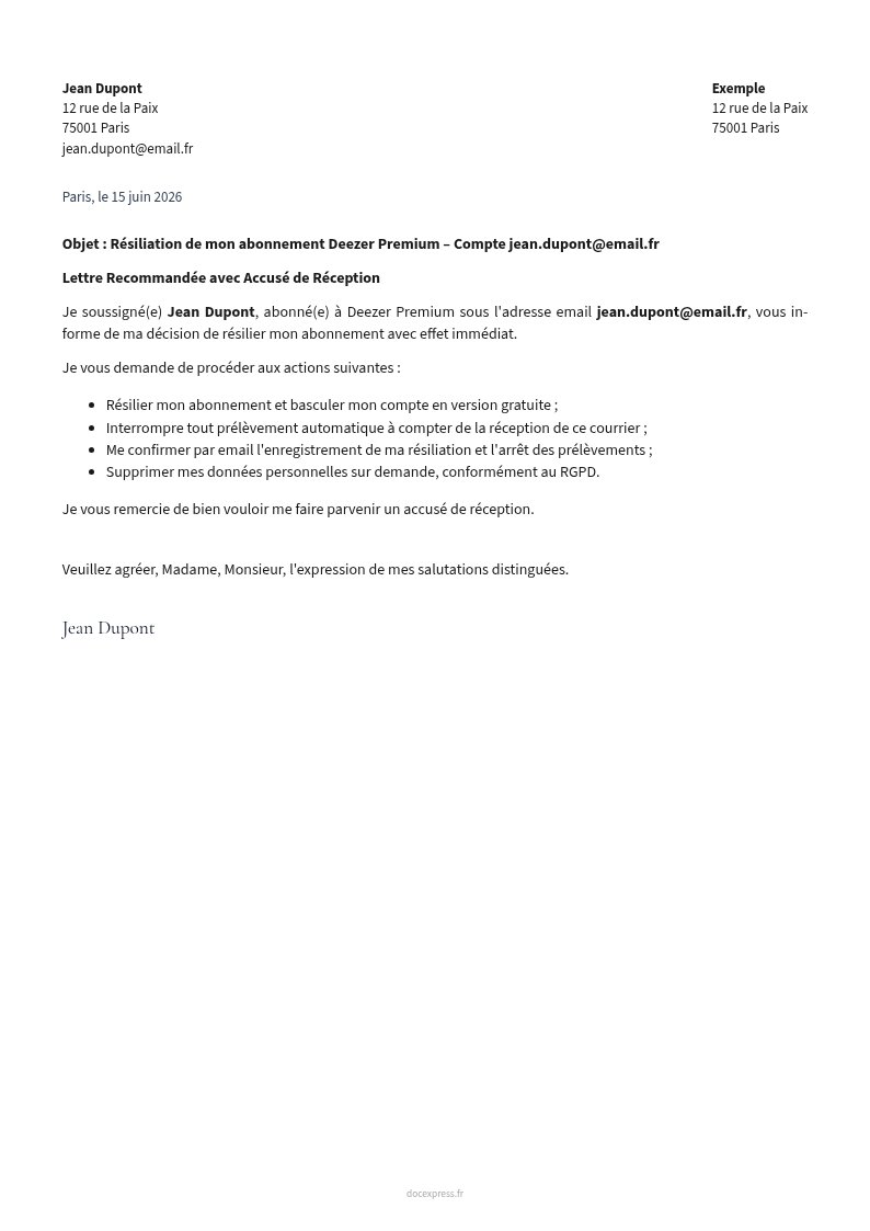 Aperçu Lettre de résiliation Deezer Premium