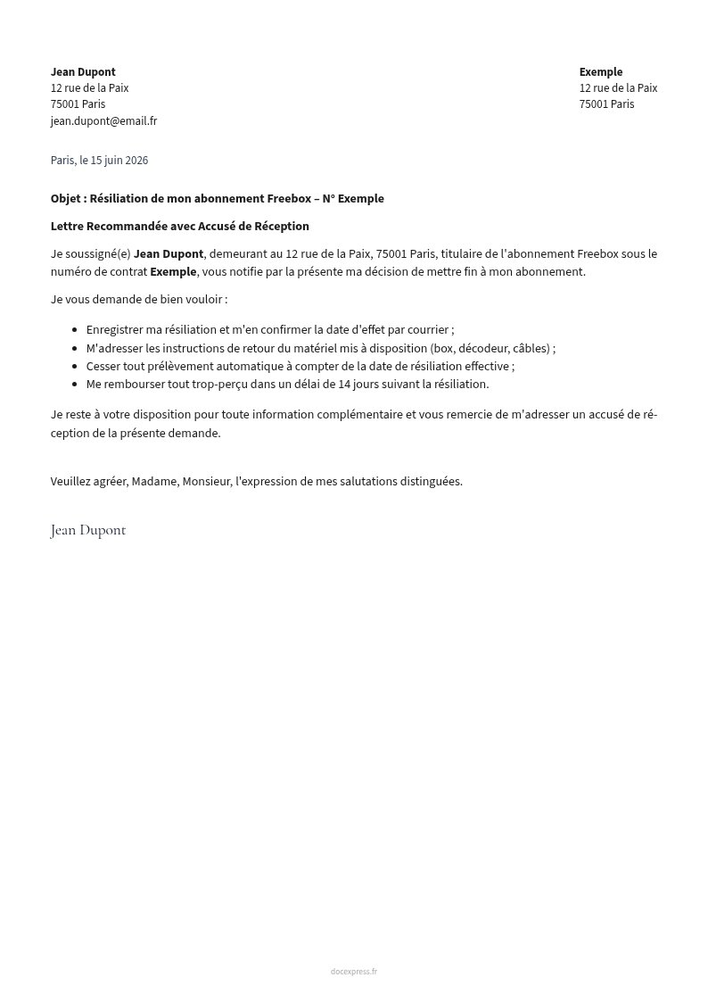 Aperçu Lettre de résiliation Freebox