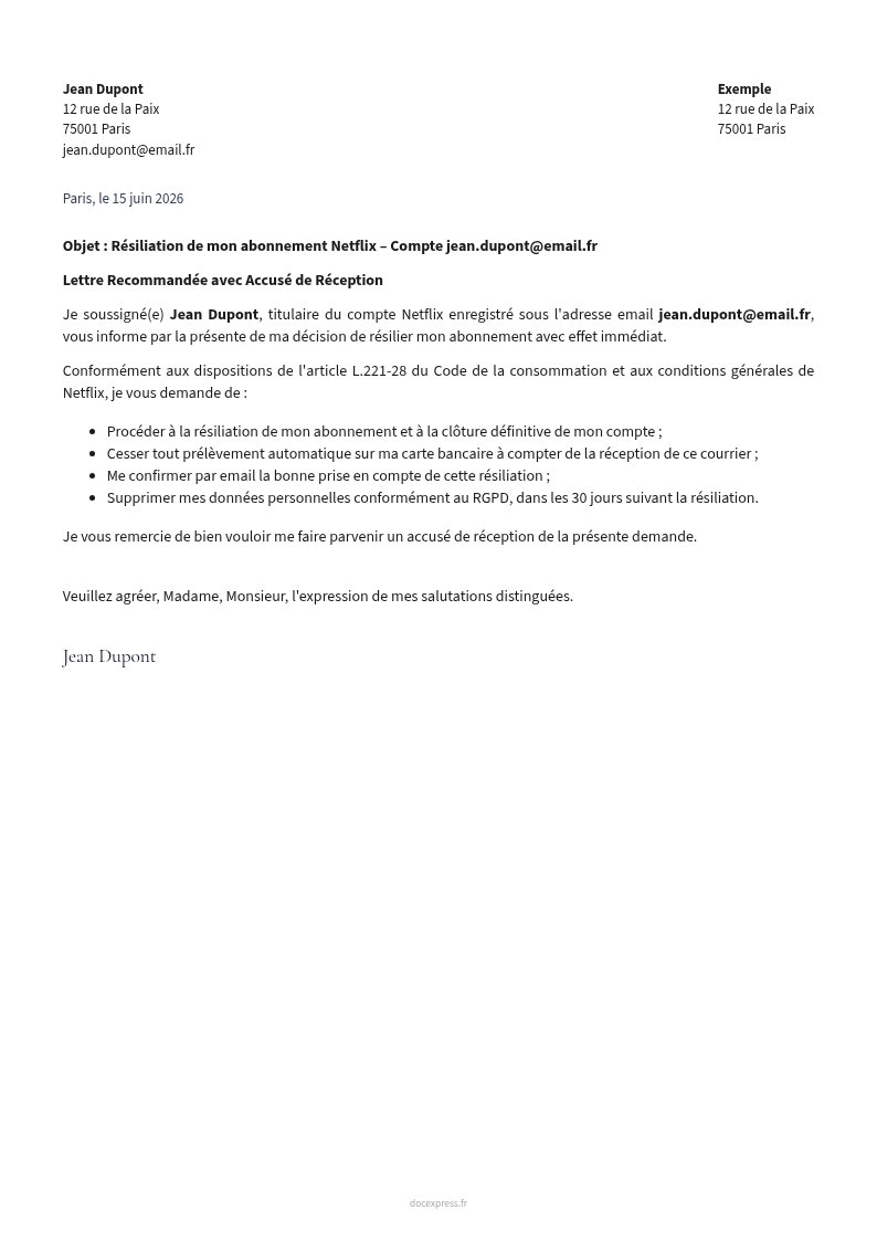 Aperçu Lettre de résiliation Netflix