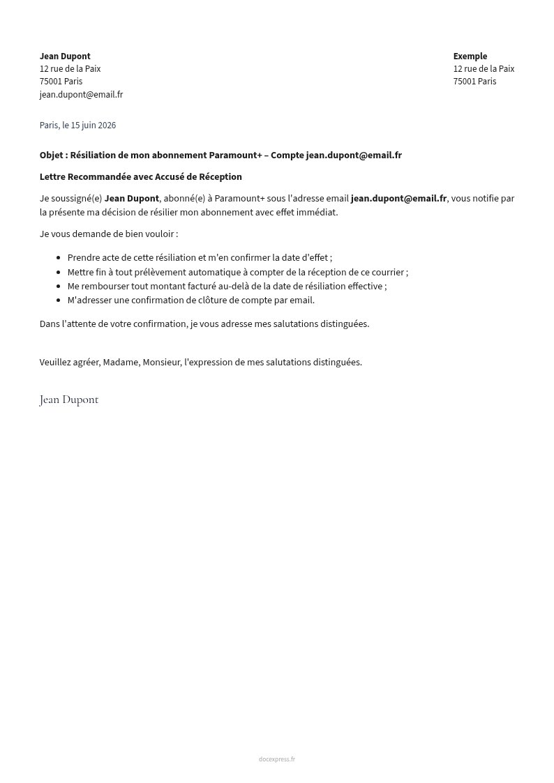 Aperçu Lettre de résiliation Paramount+