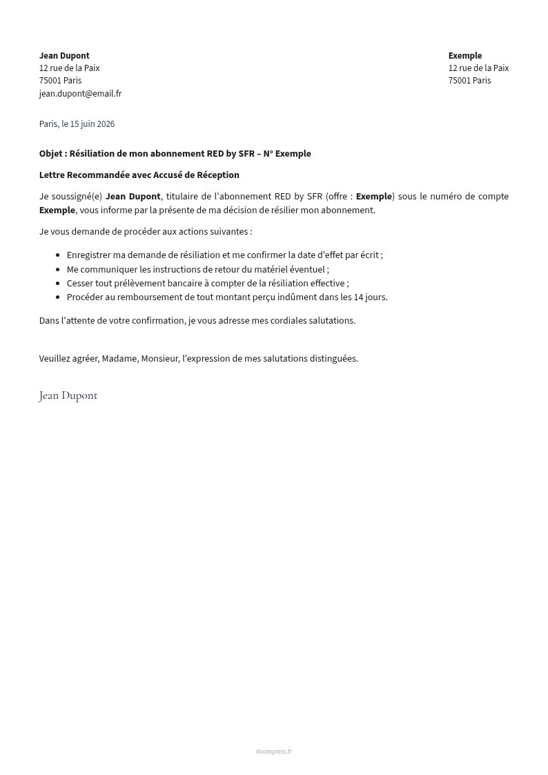 Aperçu Lettre de résiliation RED by SFR