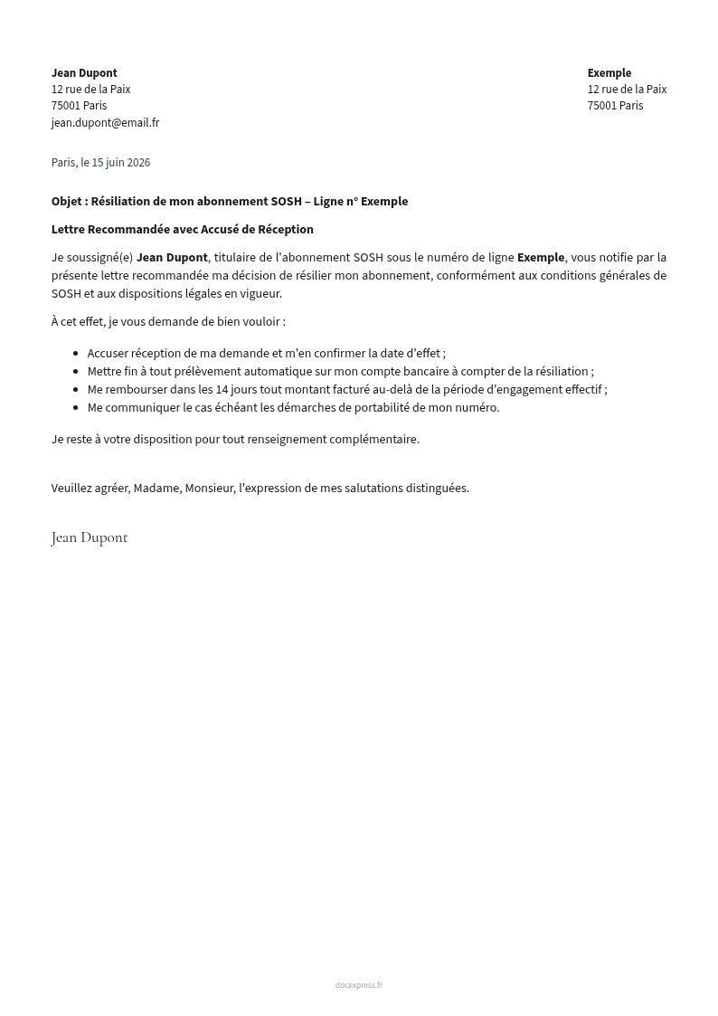 Aperçu Lettre de résiliation SOSH