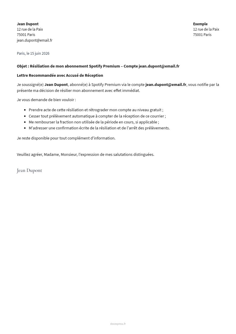 Aperçu Lettre de résiliation Spotify Premium