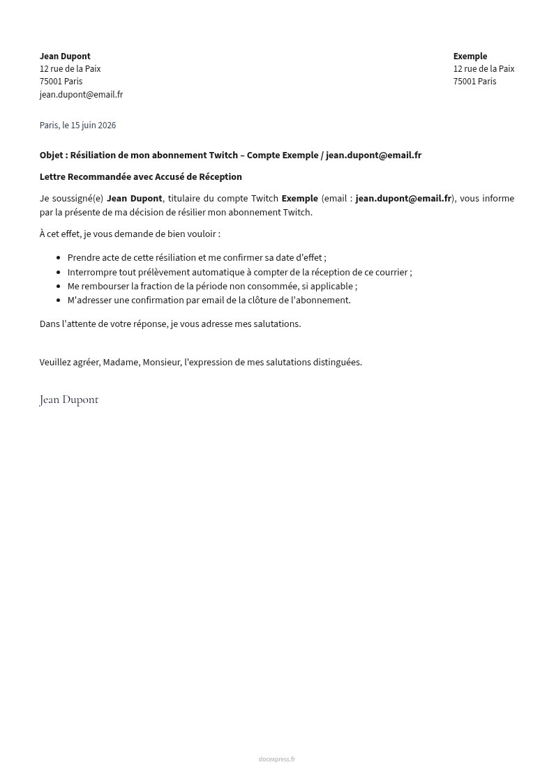Aperçu Lettre de résiliation Twitch